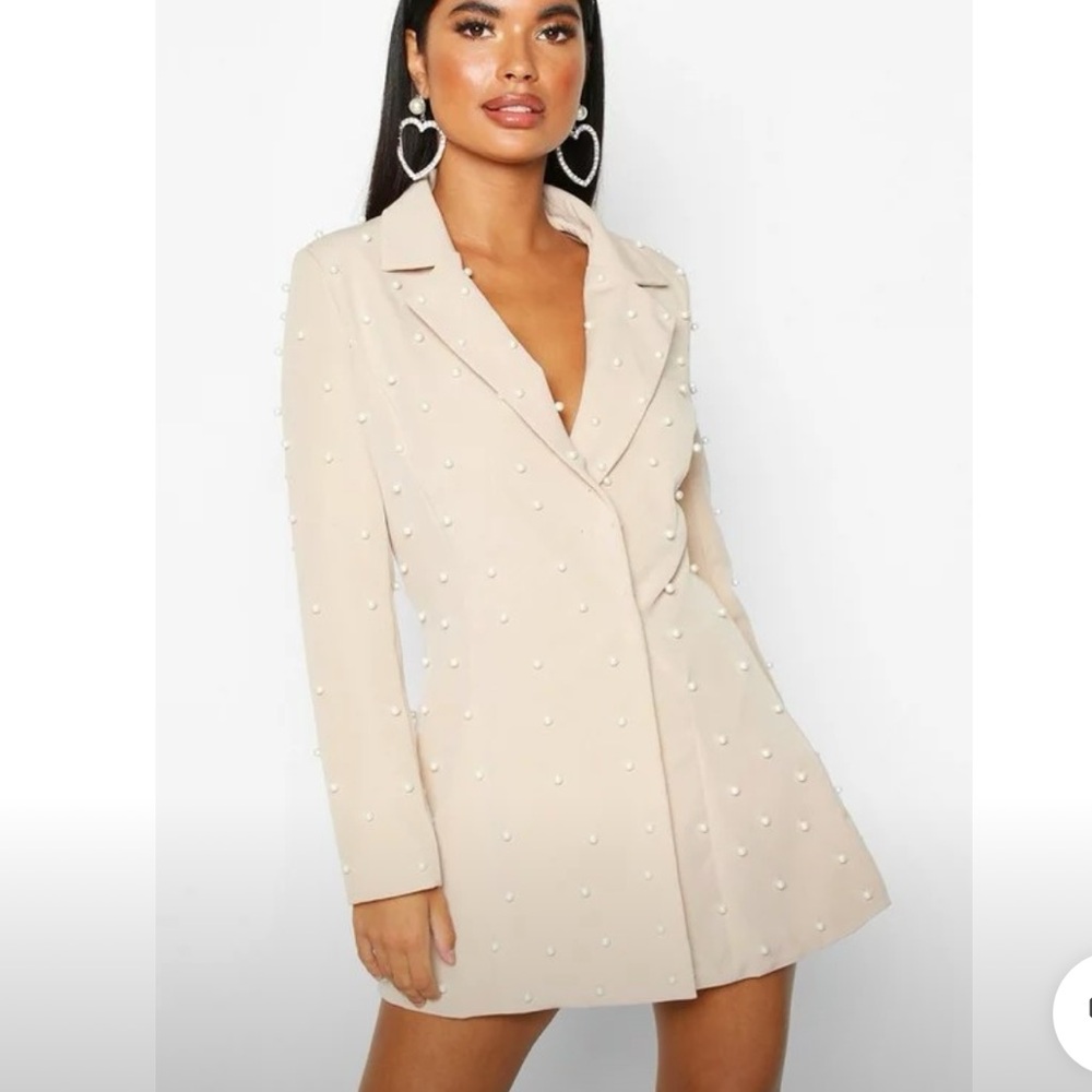 Boohoo Cream Long Sleeve Pearl Blazer Dress